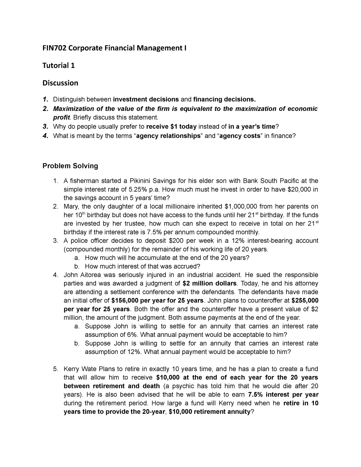 Tutorial 1 - FIN702 Corporate Financial Management I Tutorial 1 ...