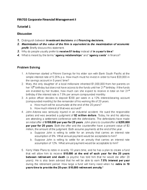 Tutorial 2 Solutions - FIN502 – Financial Management Fundamentals 2 ...