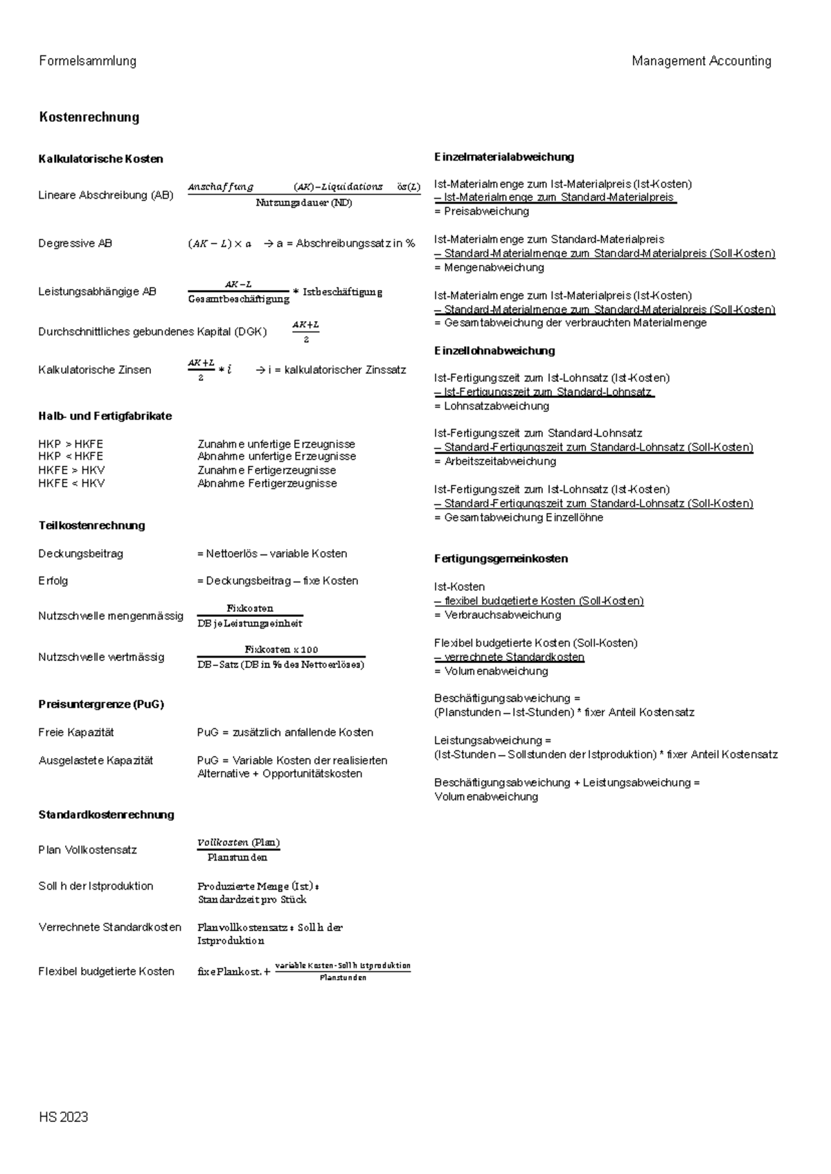 Formelsammlung MAcc FLEX FS 2024 Formelsammlung Management Accounting