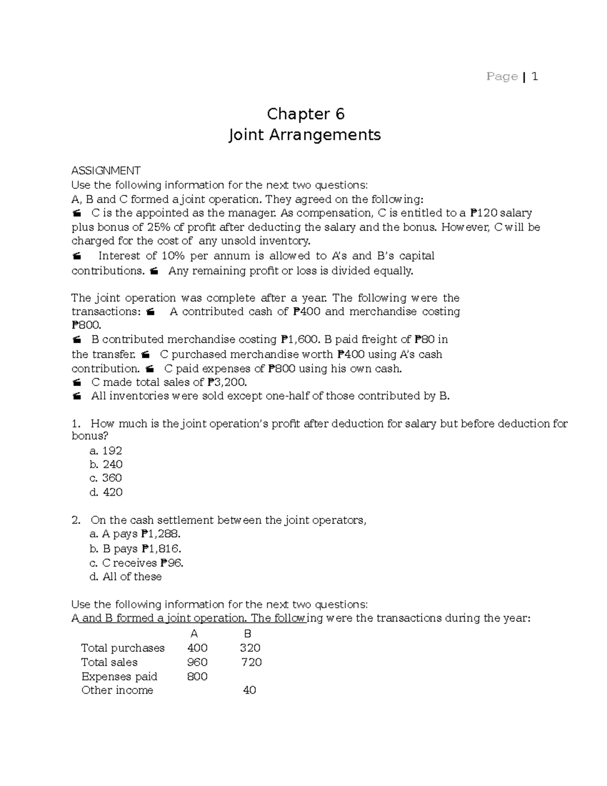 Chapter 6. Joint Arrangement - Assignment - Page | 1 Chapter 6 Joint ...