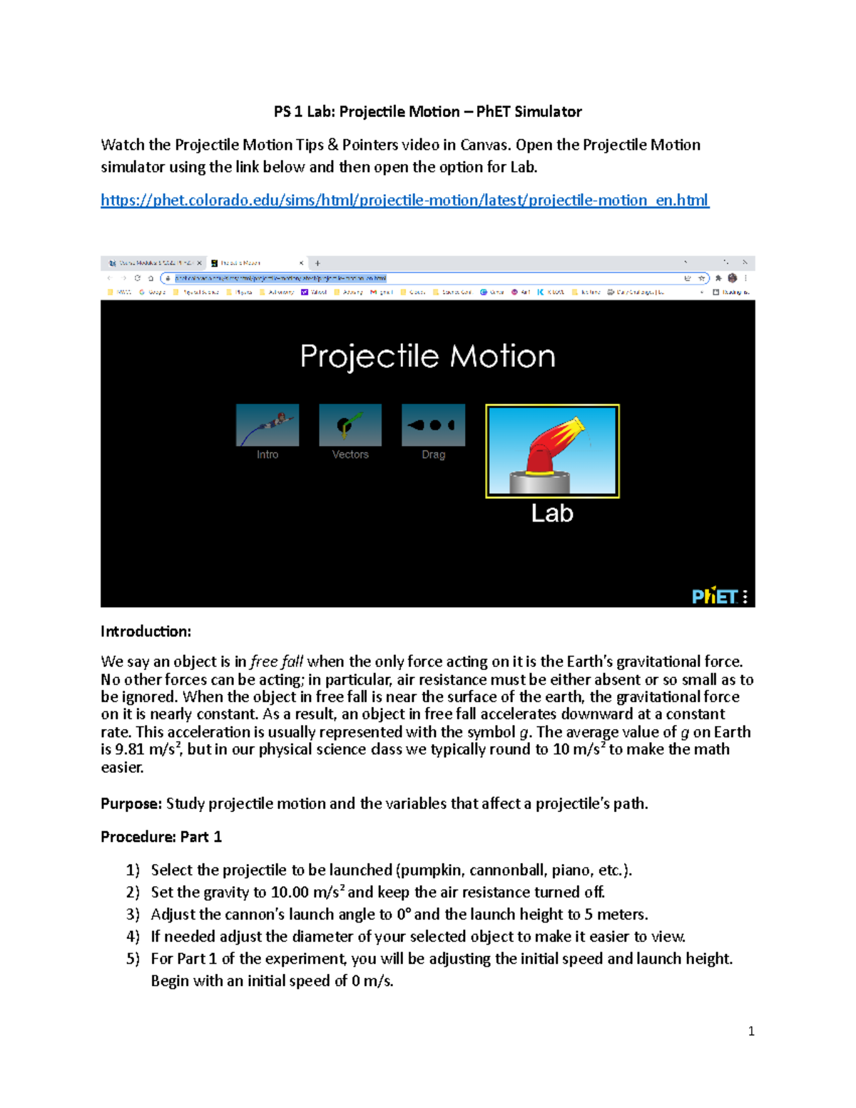 Projectile Motion - Ph ET - PS 1 Lab: Projectile Motion – PhET ...