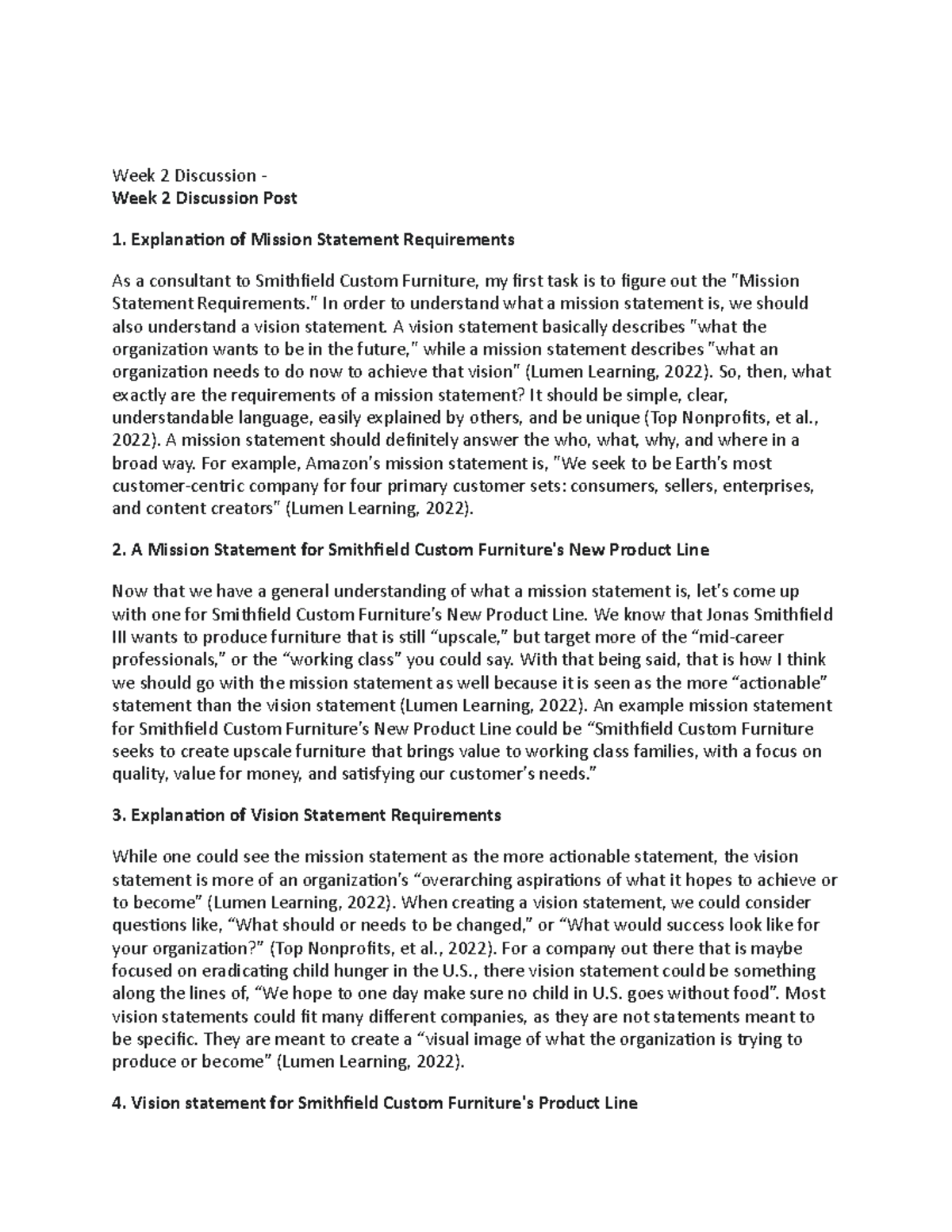 Week 2 Discussion Smithfield Custom Furniture (Part 2) 4 Week 2 Discussion Week 2 Discussion