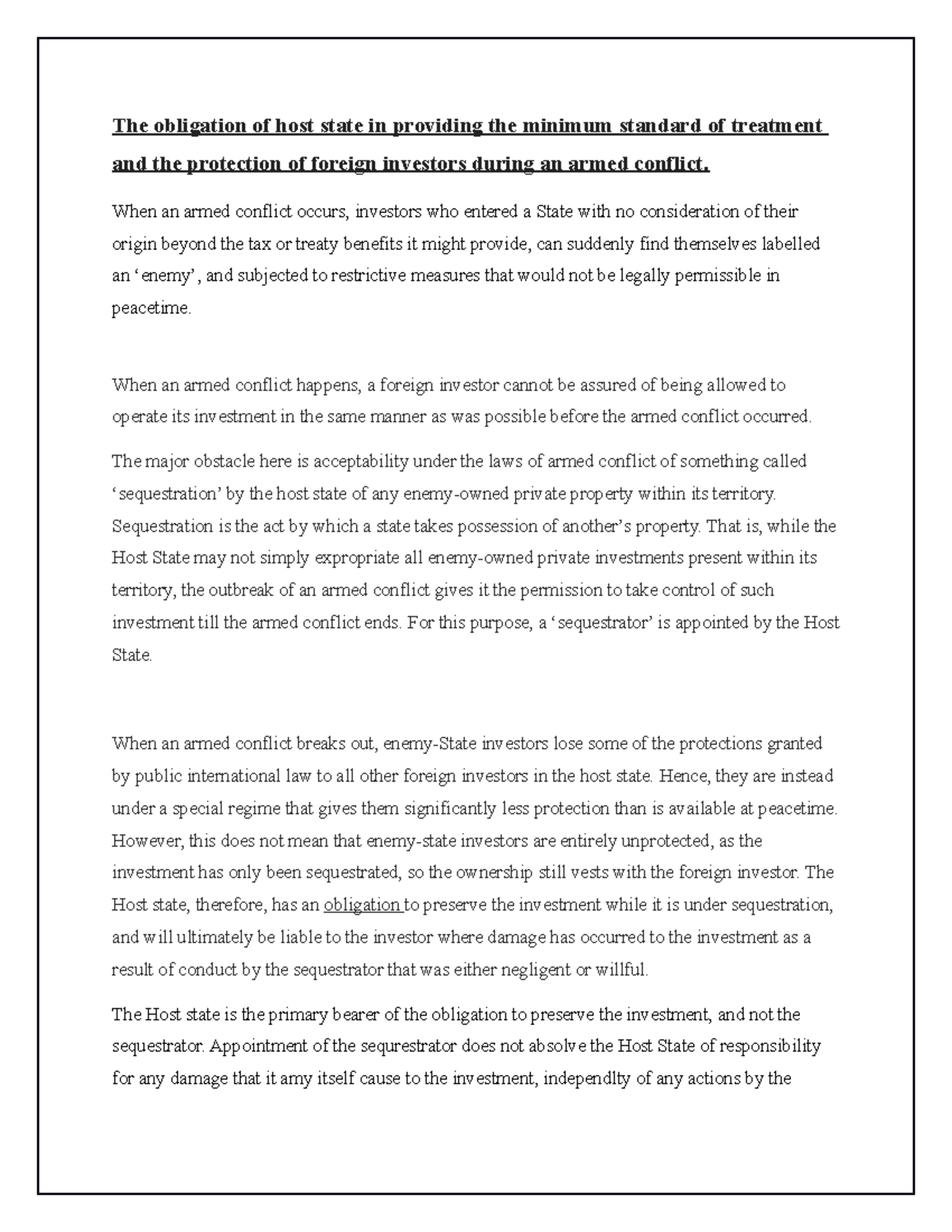 The obligation of host state in providing the minimum standard of