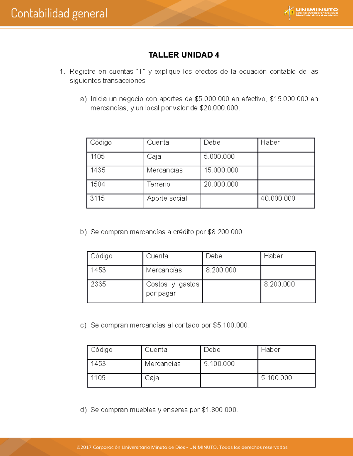 Taller Unidad 4 Contabilidad - TALLER UNIDAD 4 Registre En Cuentas “T ...