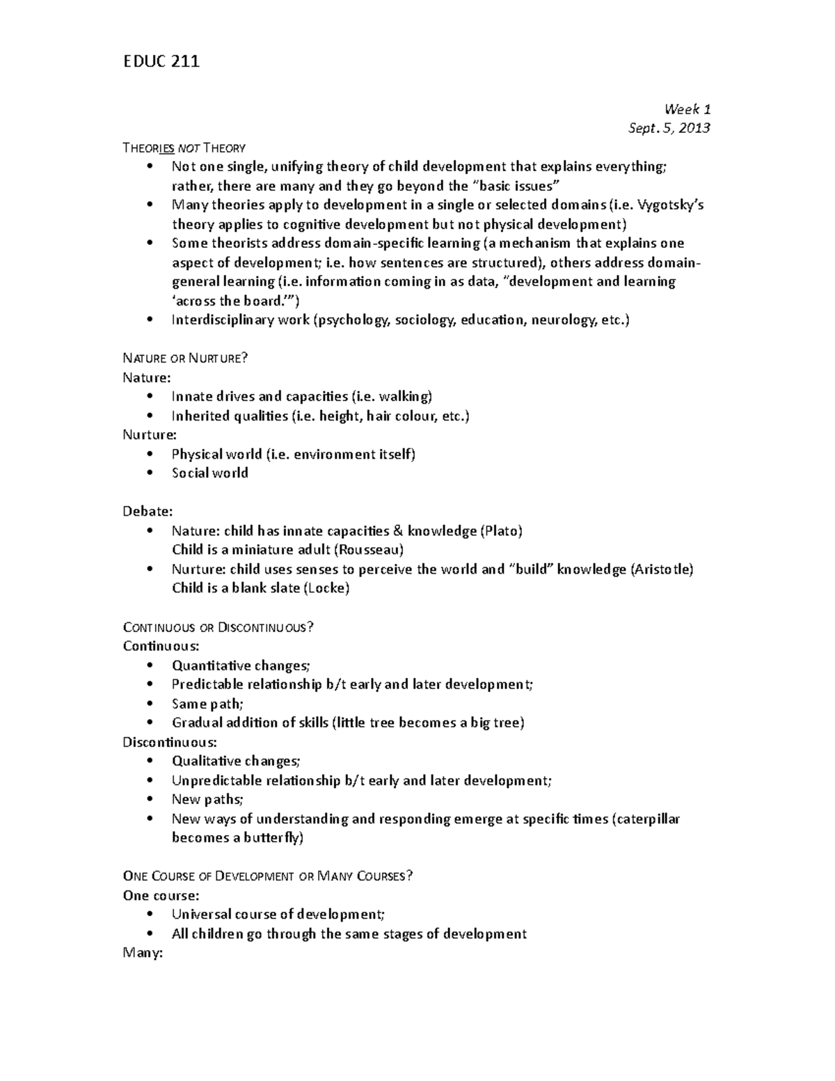 Child Development I - Lecture notes - EDUC 211 - Week 1 Sept. 5, 2013 ...