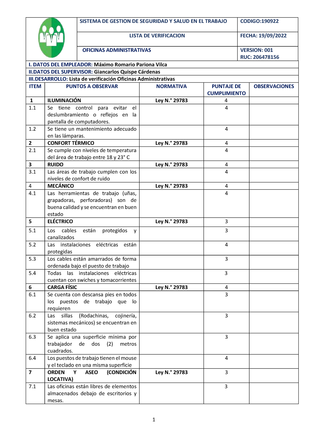 Check List Oficina Administrativa Sistema De Gestion De Seguridad Y Salud En El Trabajo Codigo 4181