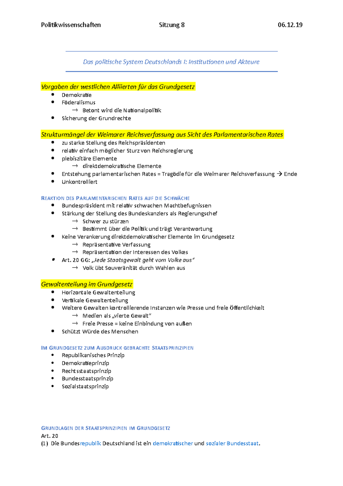 Das Politische System Deutschlands I - Politikwissenschaften Sitzung 8 ...