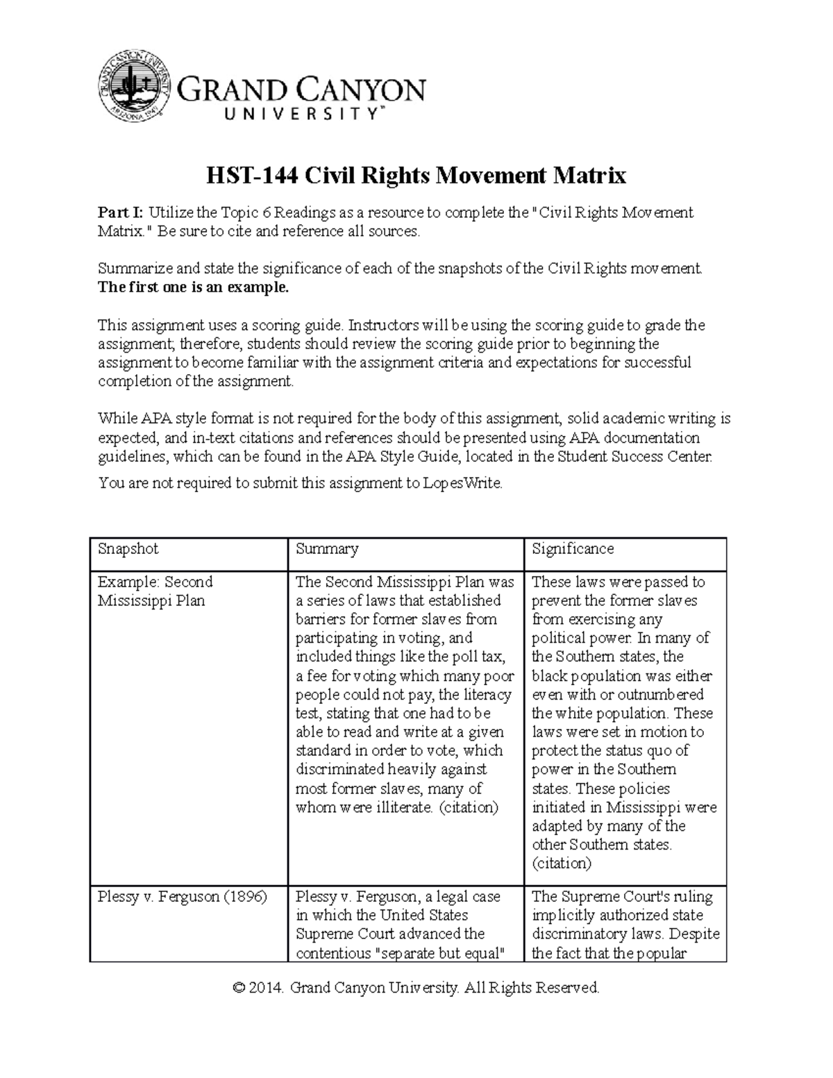 -HIS144 Civil Rights Movement Matrix - HIS-144 - GCU - Studocu