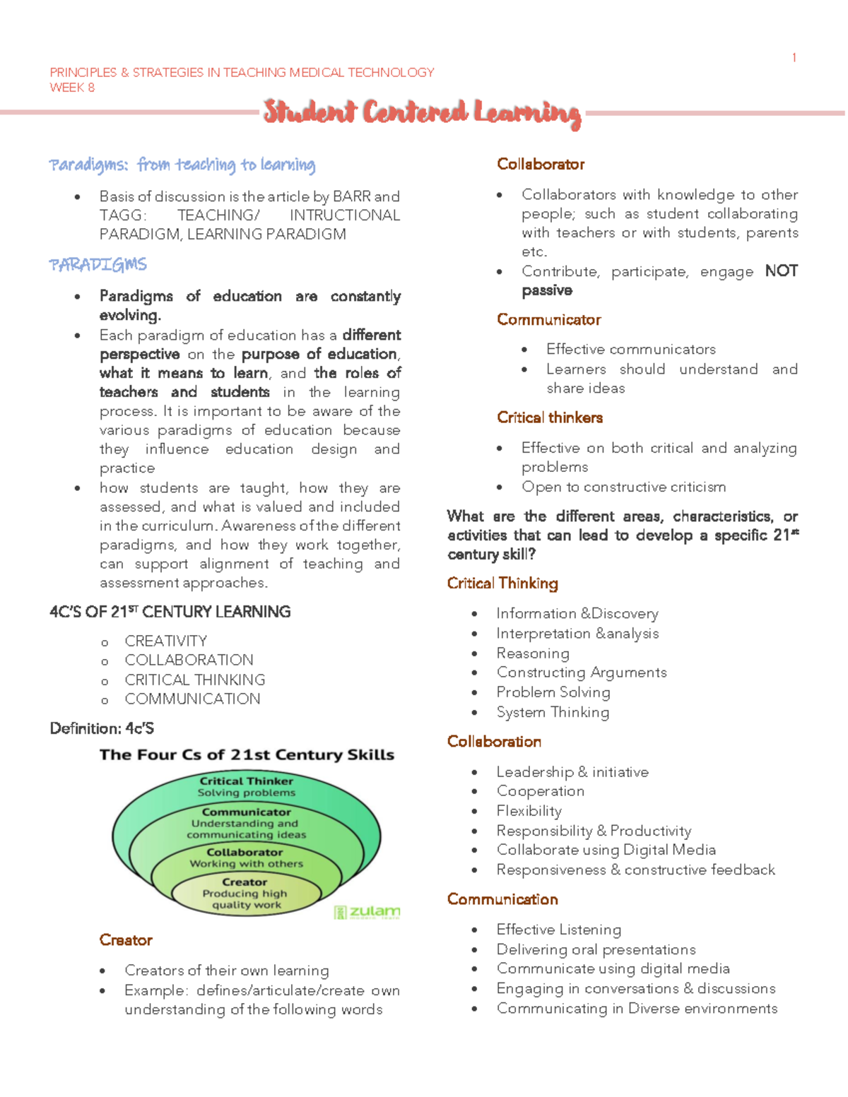 Week 8 Student Centered Learning - 1 PRINCIPLES & STRATEGIES IN ...