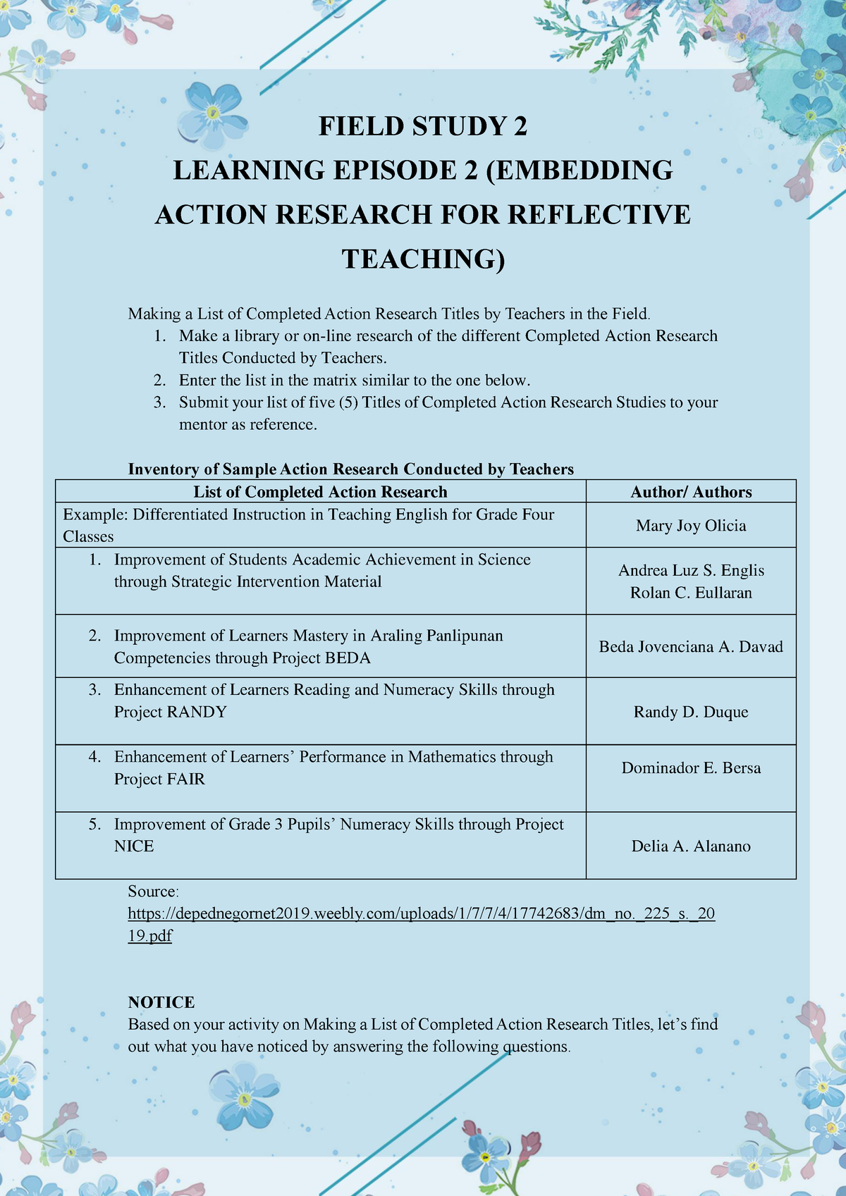 action research plan in field study 2