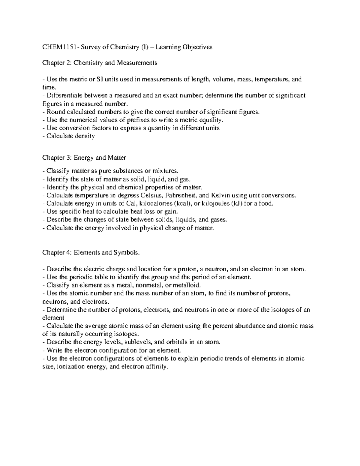 CHEM1151-Learning objectives (2) (1)1 - CHEM1151- Survey of Chemistry ...