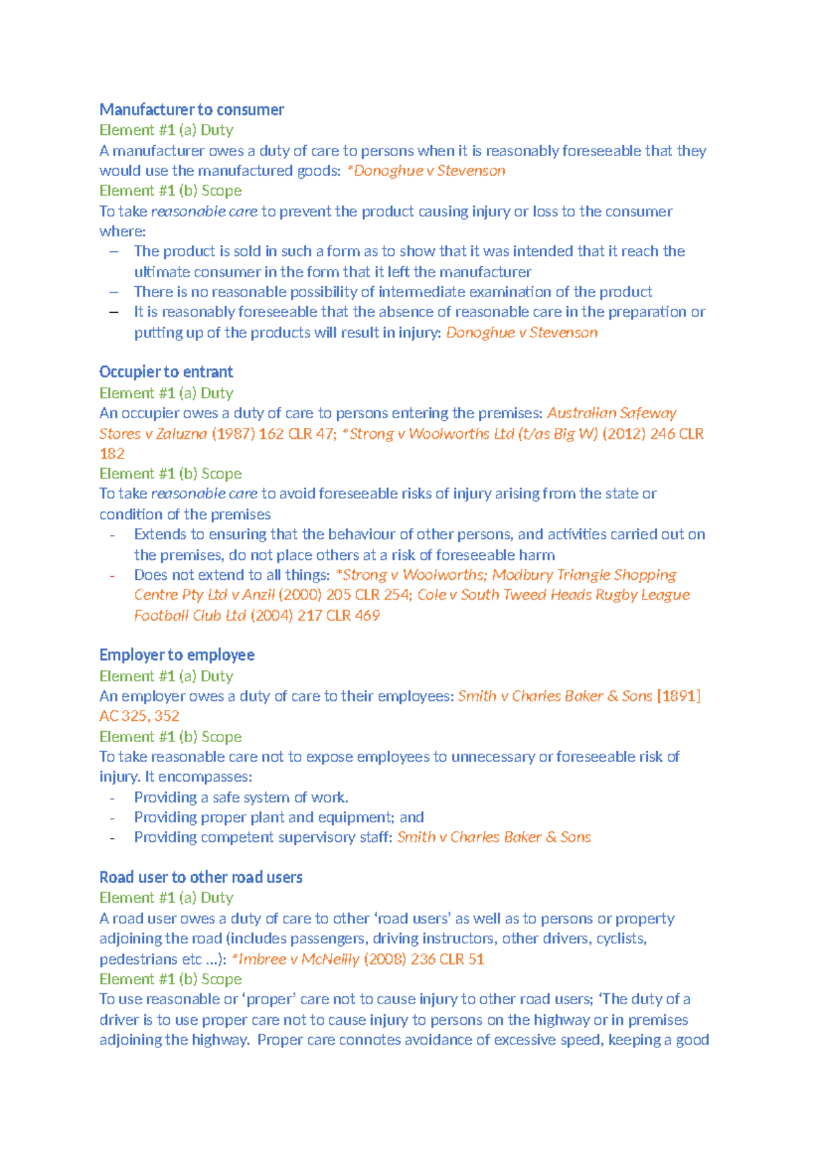 Negligence examples - some notes colour coded - Manufacturer to ...