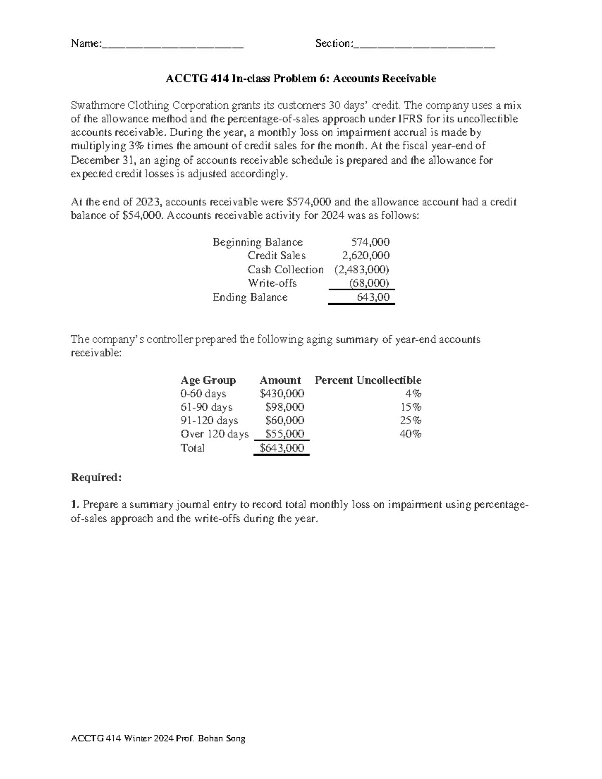 In-class Problem 6 Accounts Receivable - Name ...