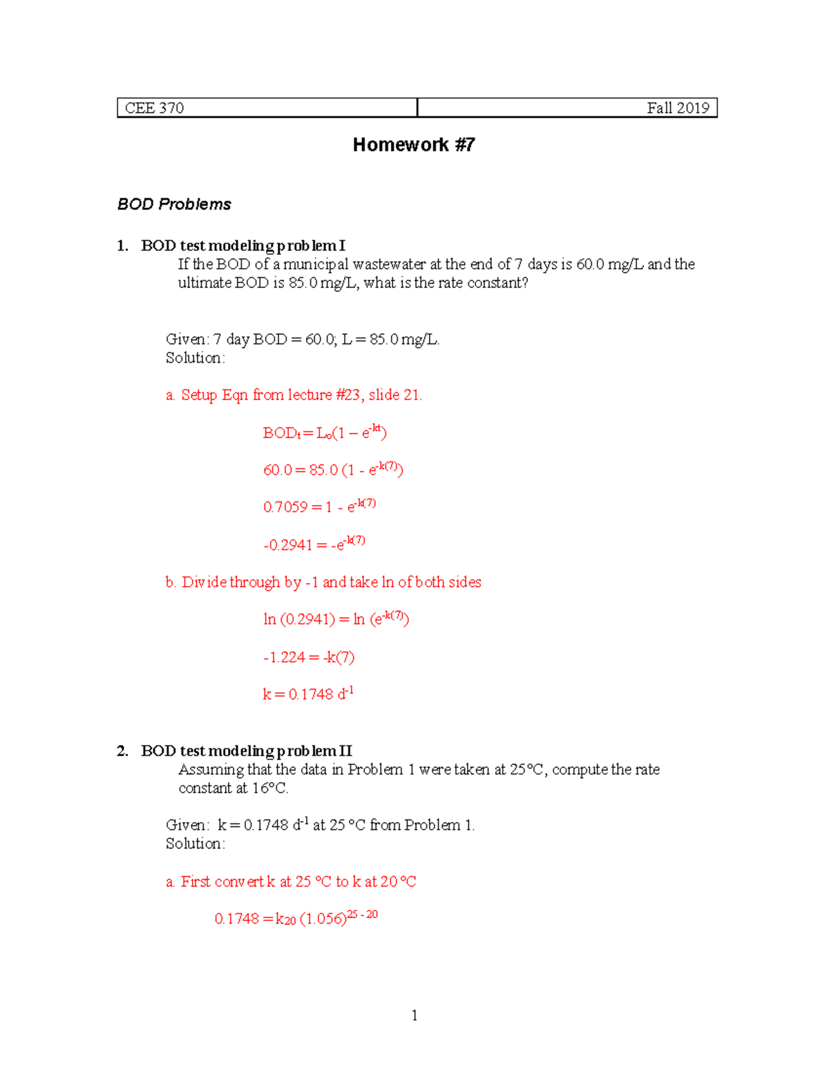 BOD problems - CEE 370 Fall 2019 Homework BOD Problems BOD test ...