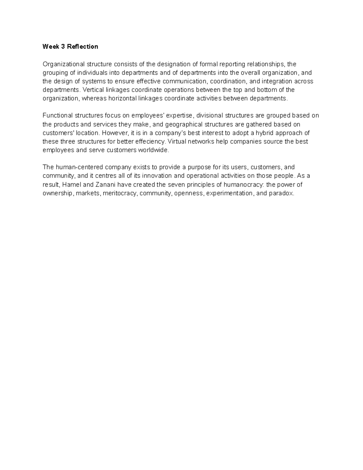 BUSI5301 Week 3 Reflection - Week 3 Reflection Organizational structure ...