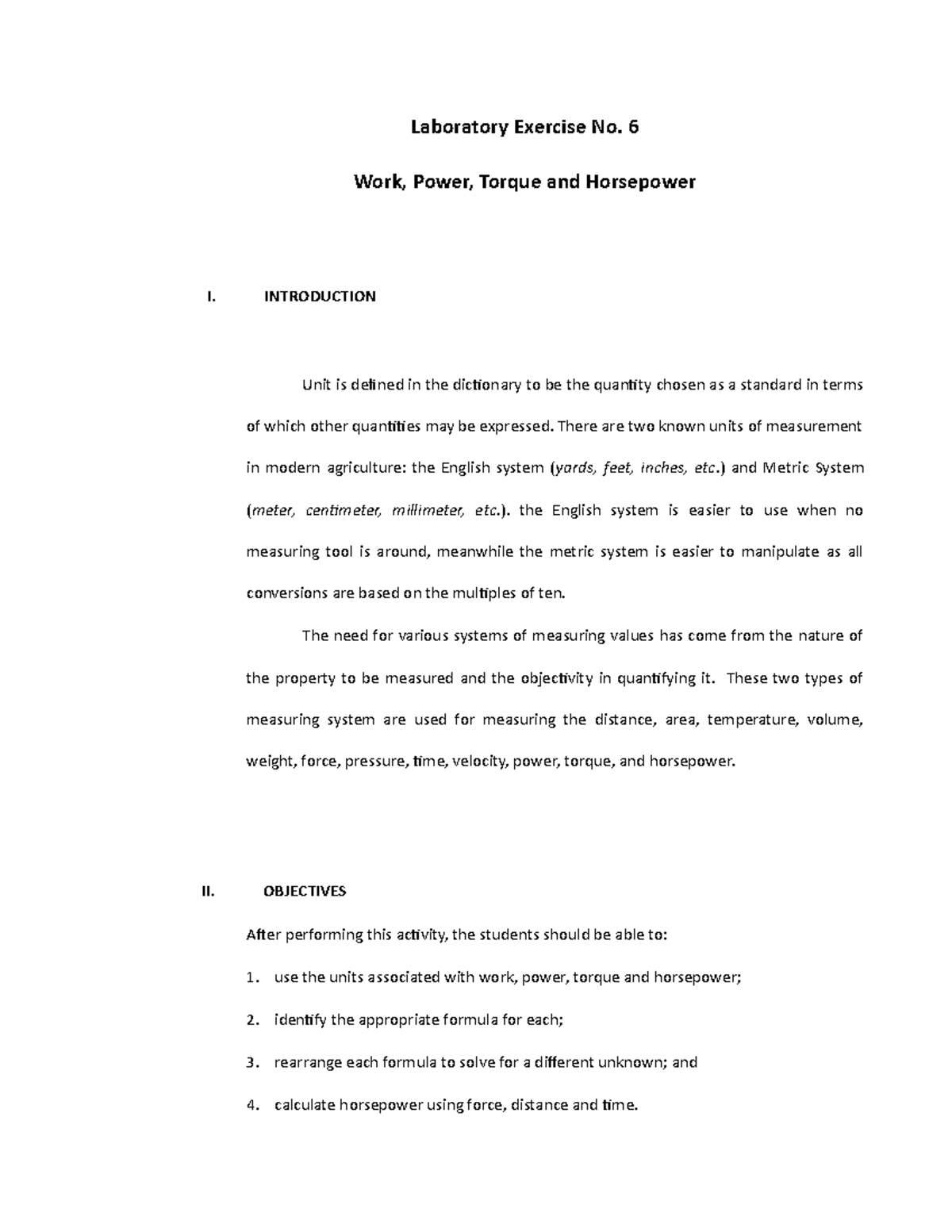 Work, Power, Torque and Horsepower Lab ACT 6 t1 Laboratory Exercise