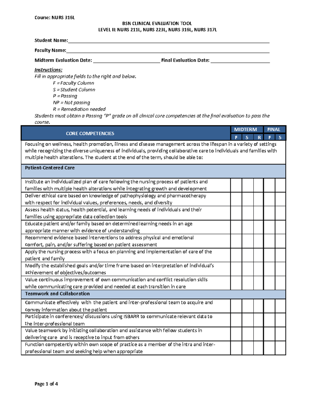 Blank Eval NURS 316L - BSN Clinical Evaluation Tool Level II-2 - BSN ...