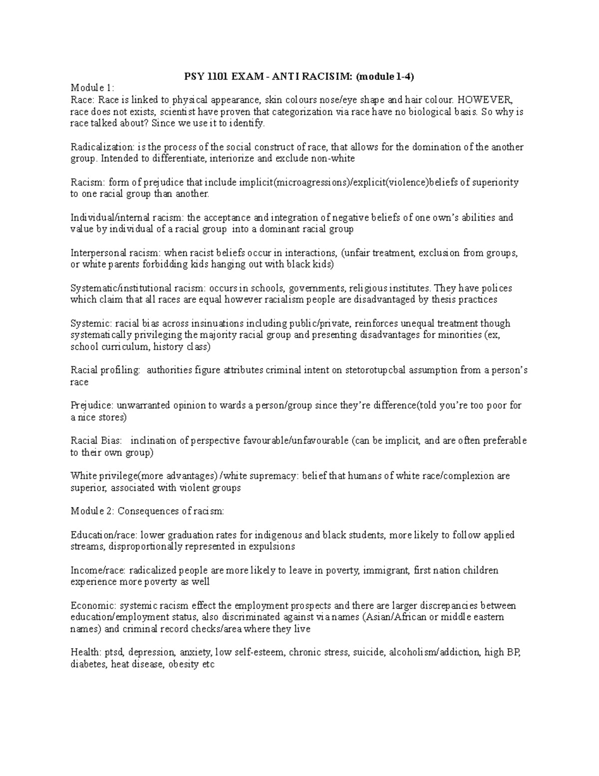 Antiracist module notes - PSY 1101 EXAM - ANTI RACISIM: (module 1-4 ...