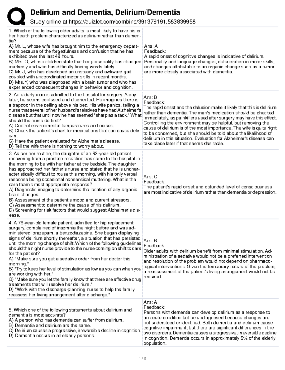 Delirium and dementia practice materials Study online at quizlet