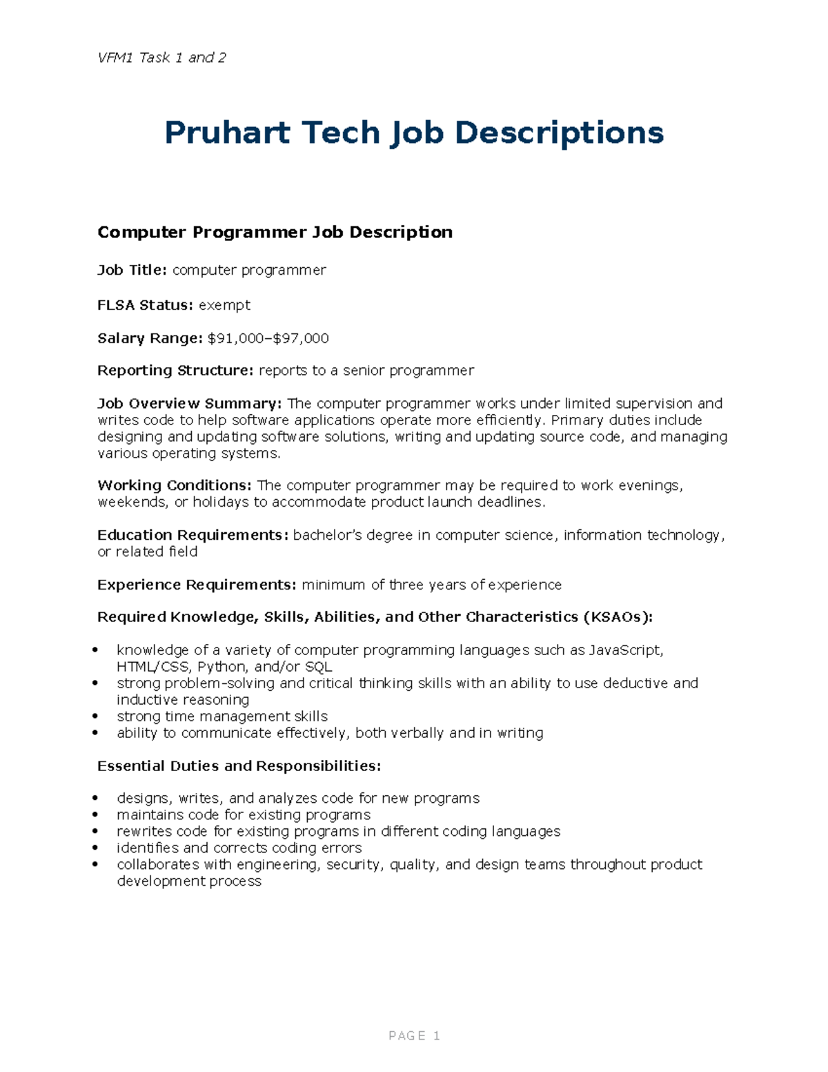 Pruhart Tech Job Descriptions - VFM1 Task 1 and 2 Pruhart Tech Job ...