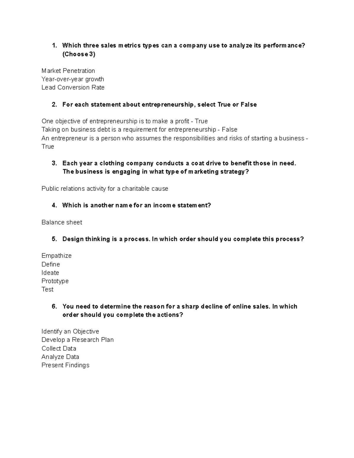 ESB Test Questions - Which three sales metrics types can a company use ...