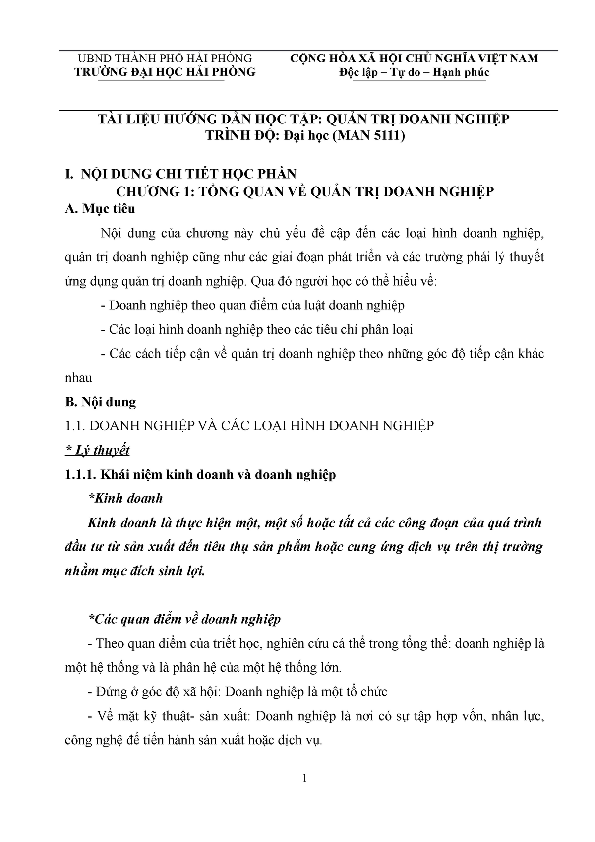 Tài liệu hướng dẫn tự học Quản trị doanh nghiệp - UBND THÀNH PHỐ HẢI PHÒNG TRƯỜNG ĐẠI HỌC HẢI PHÒNG - Studocu