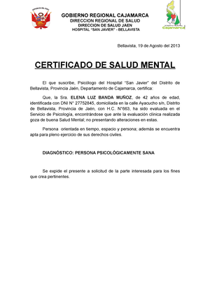 173372348 Certificado Salud Mental Cuna Mas - DIRECCION REGIONAL DE SALUD  DIRECCION DE SALUD JAEN - Studocu