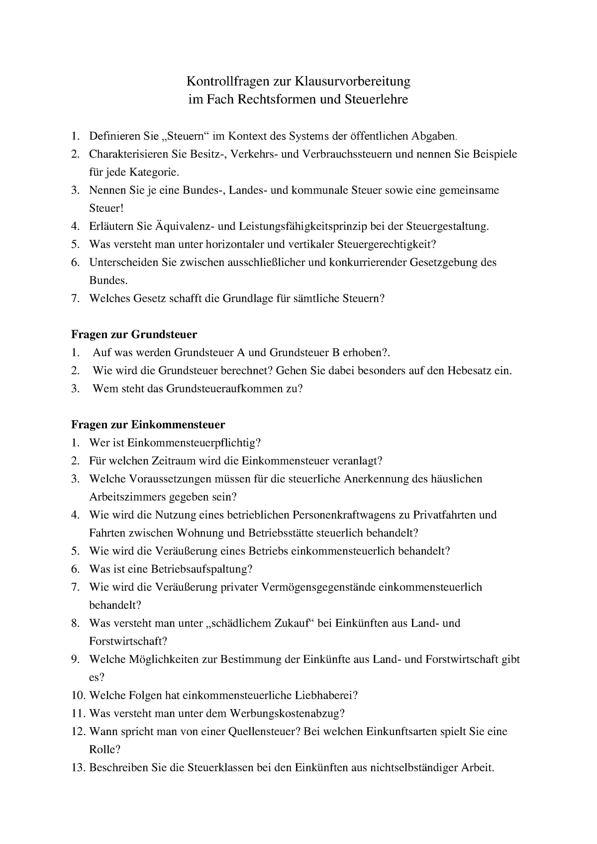 Fragenkatalog Tax - Kontrollfragen Zur Klausurvorbereitung Im Fach ...