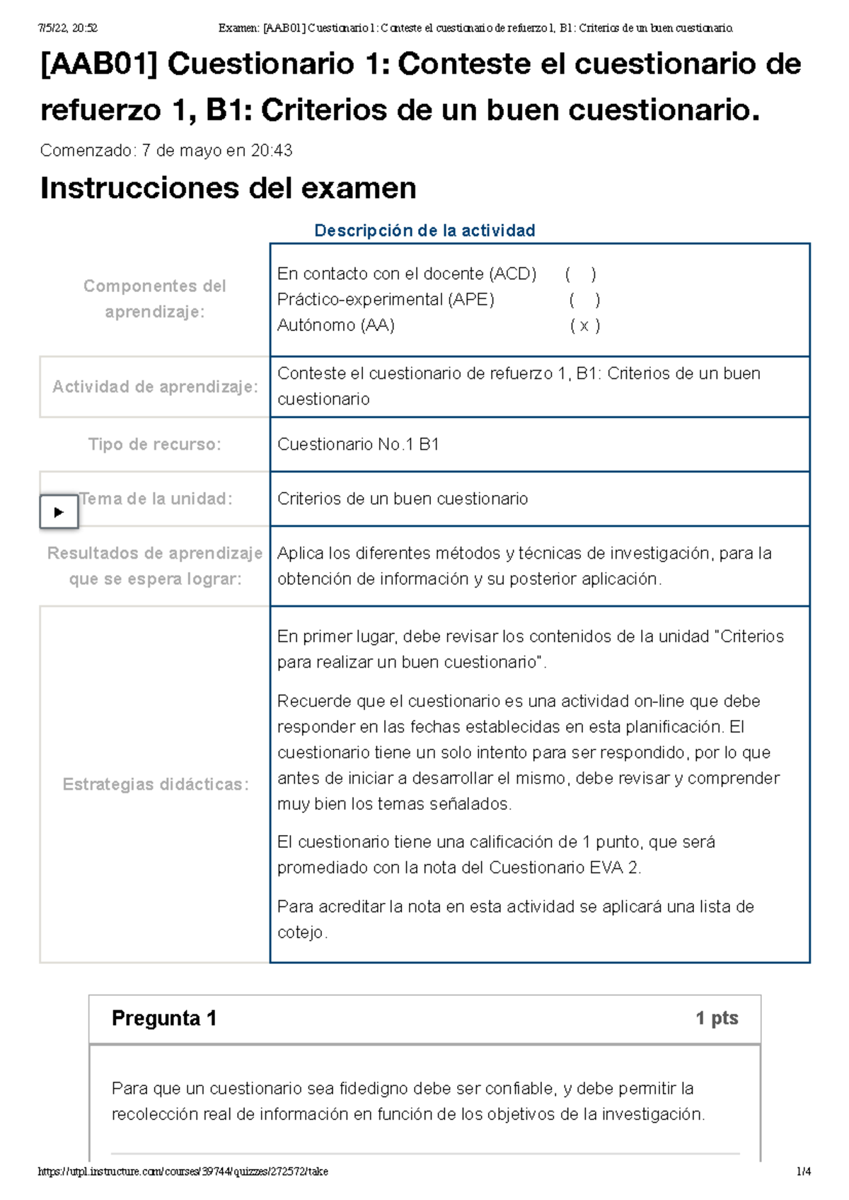 Examen [AAB01] Cuestionario 1 Conteste El Cuestionario De Refuerzo 1 ...