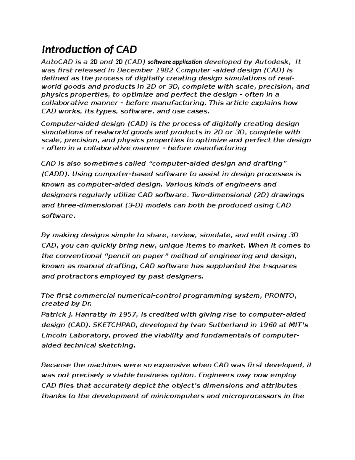 Auto cad file - Introduction of CAD ####### AutoCAD is a 2D and 3D (CAD ...