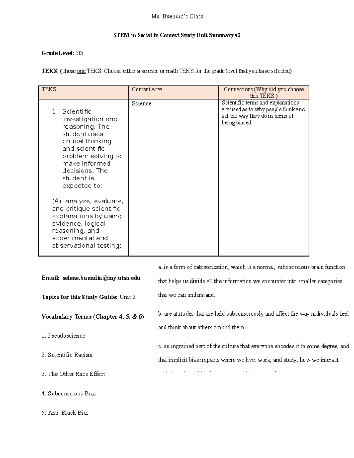 Unit Summary Assignment 2 - Ms. Buendia’s Class STEM in Social in ...