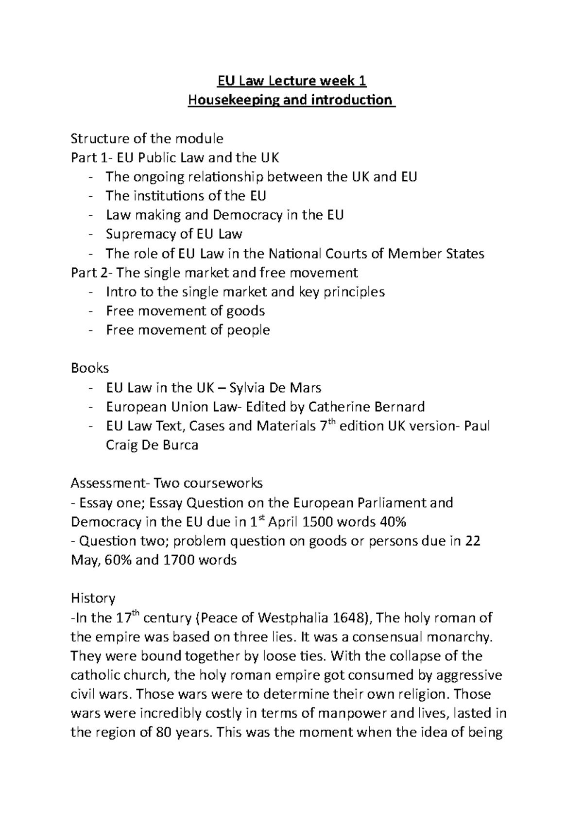 EU Law Lecture week 1 copy - EU Law Lecture week 1 Housekeeping and ...