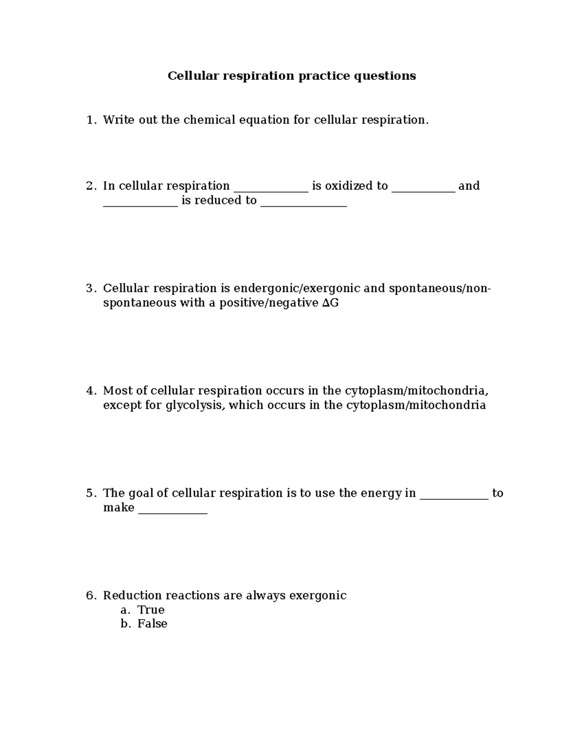 Practice Problems For Biology - Cellular Respiration Practice Questions ...