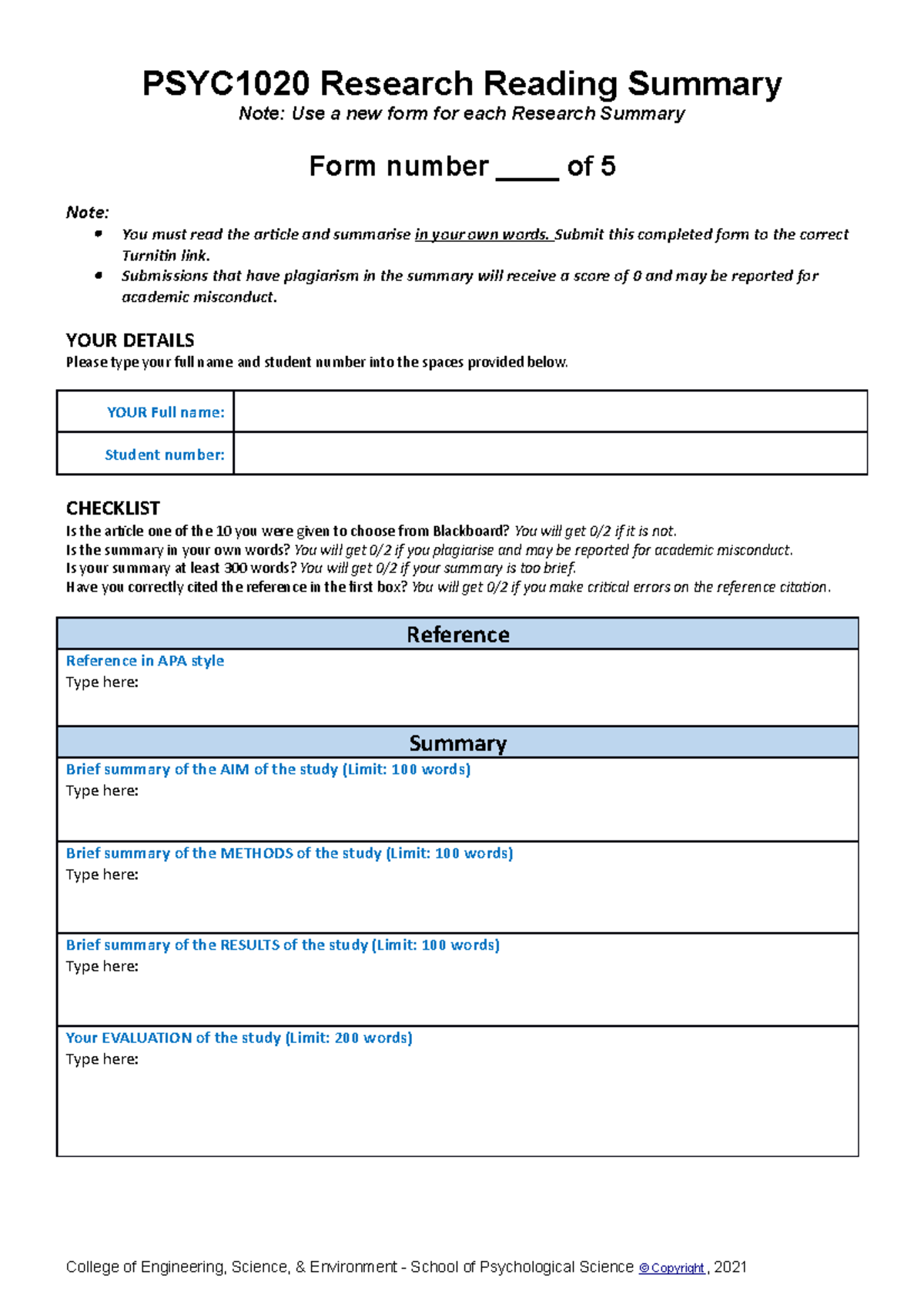 Research Summaries - Template Form 2021 - PSYC1020 - UoN - Studocu