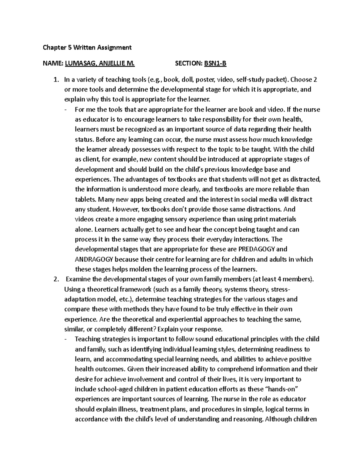 Chapter 5 Written Assignment( Lumasag) - Chapter 5 Written Assignment ...