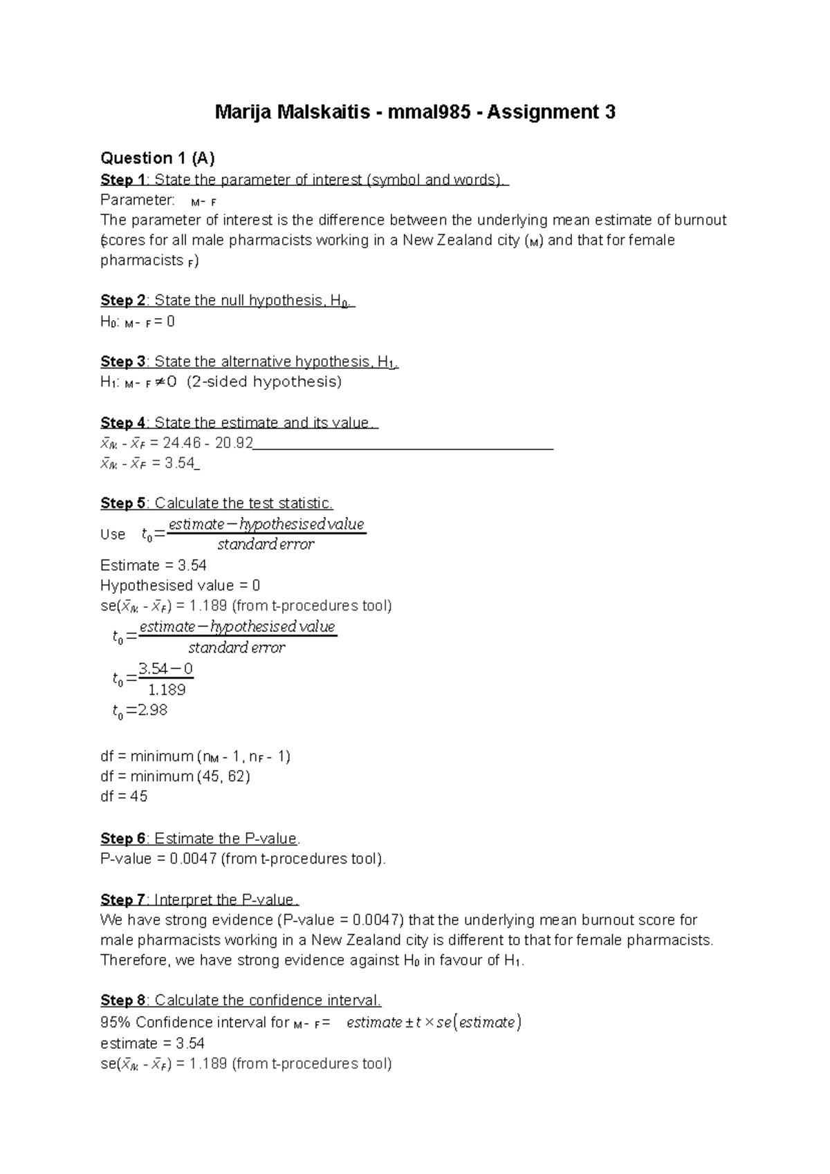 Assignment 3 - Parameter: M - F The parameter of interest is the ...