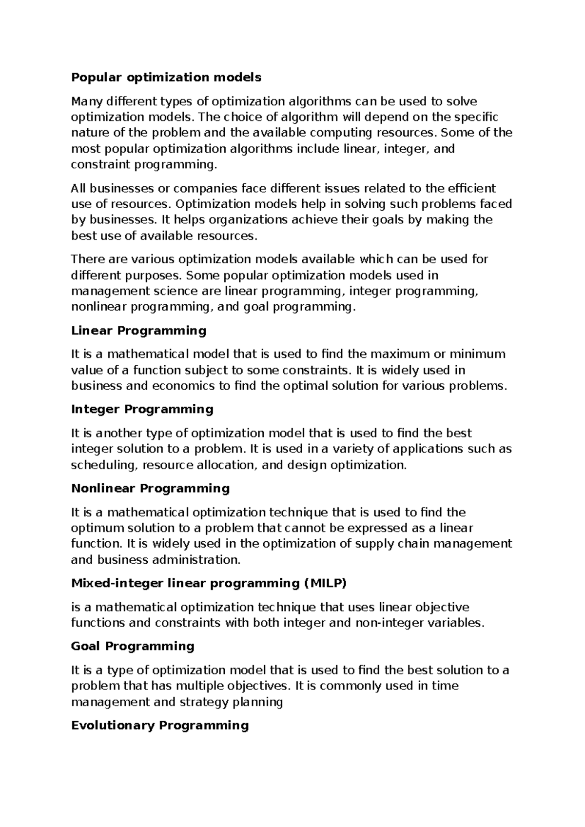 Popular optimization models - The choice of algorithm will depend on ...