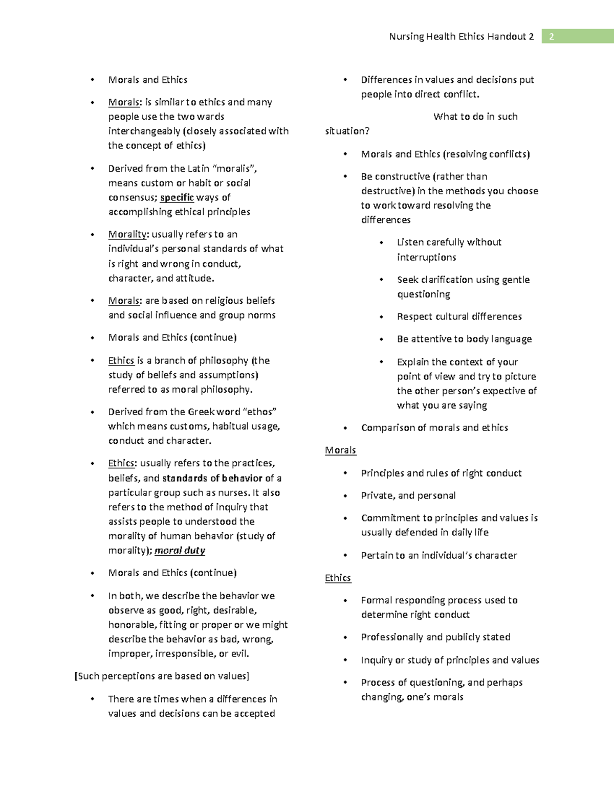 Nursing Health Care Ethics Handout 2 - Morals and Ethics Morals: is ...