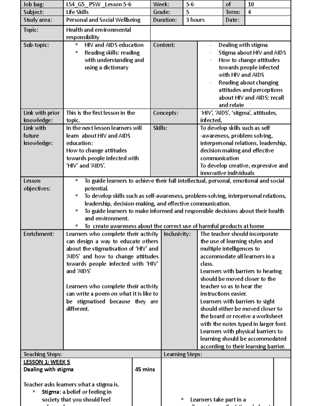 HIV Lesson plan - Job bag: LS4_G5_ PSW _Lesson 5-6 Week: 5-6 of 10 ...