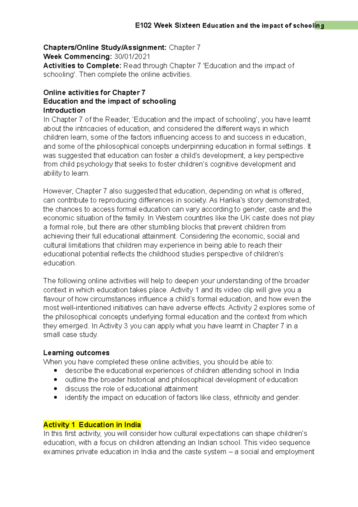 Chapter 7 notes - Chapters/Online Study/Assignment: Chapter 7 Week ...