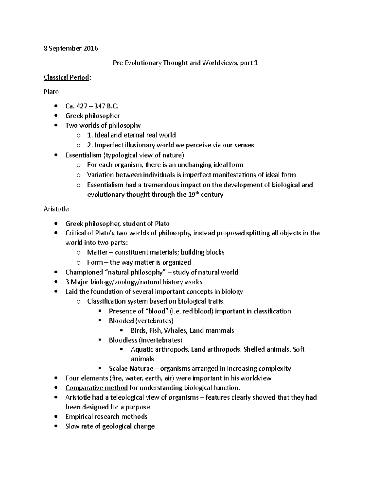 Pre Evolutionary Thought and Worldviews, part 1 - 427 – 347 B. Greek ...