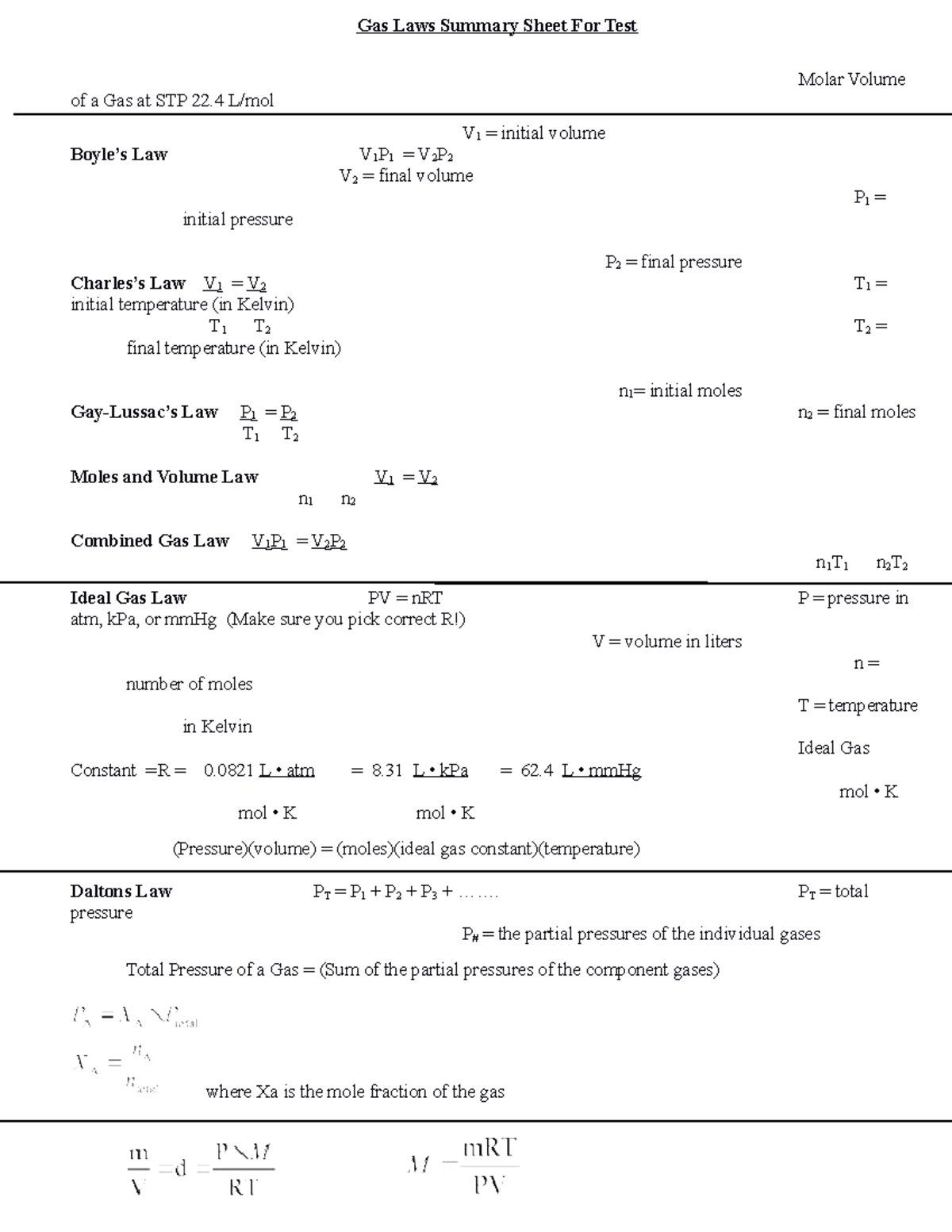 Gas Laws Summary Sheet 9th ed Gas Laws Summary Sheet For Test Molar