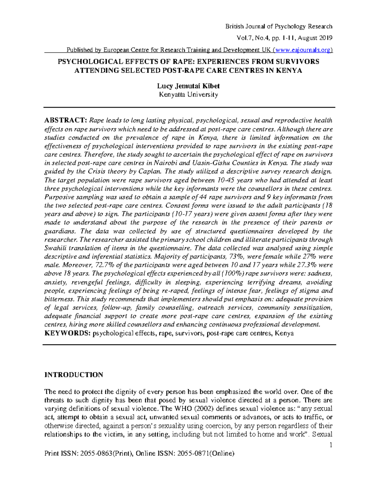 Psychological Effects of Rape - Vol, No, pp. 1-11, August 2019 ...