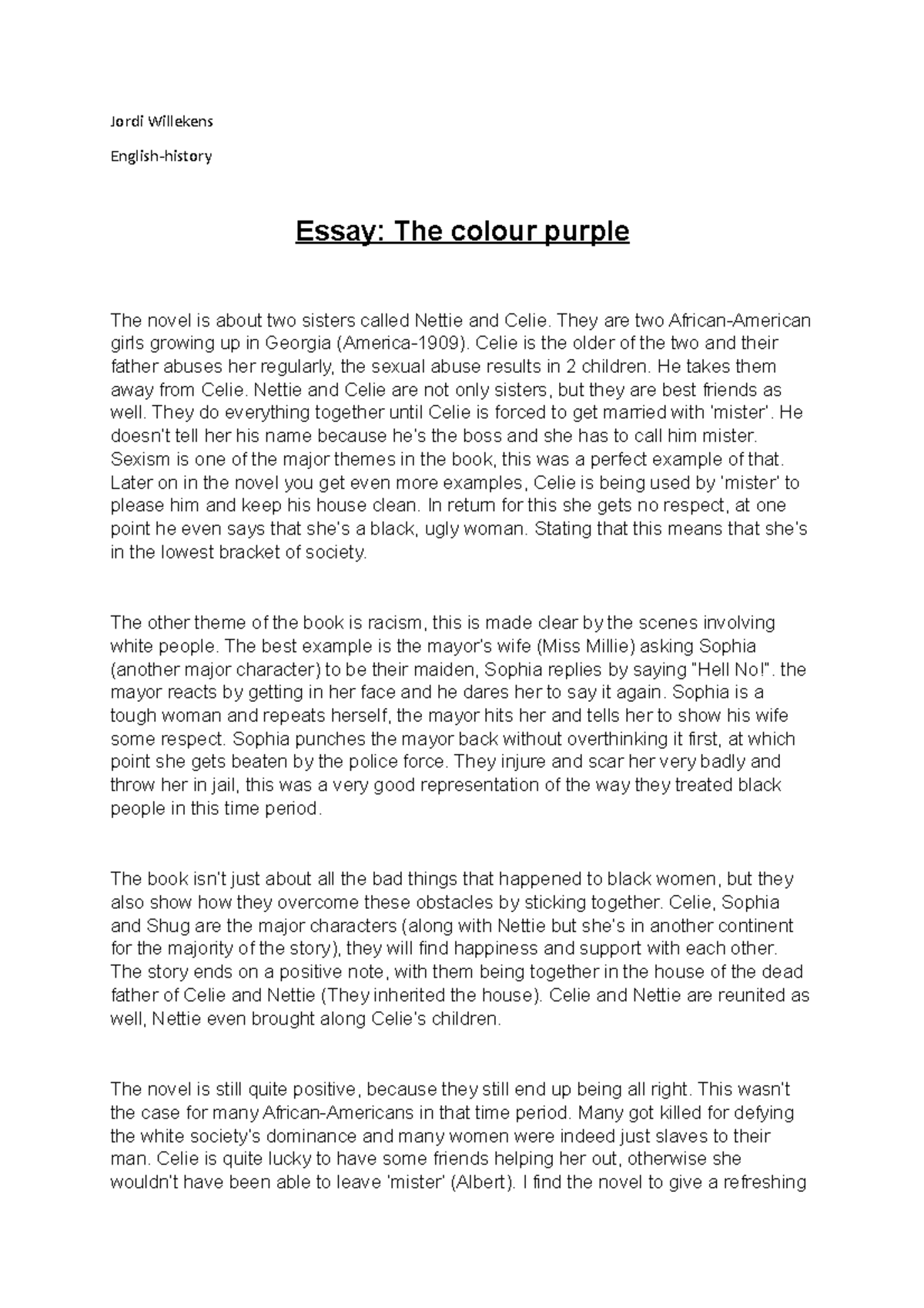 hook for the color purple essay