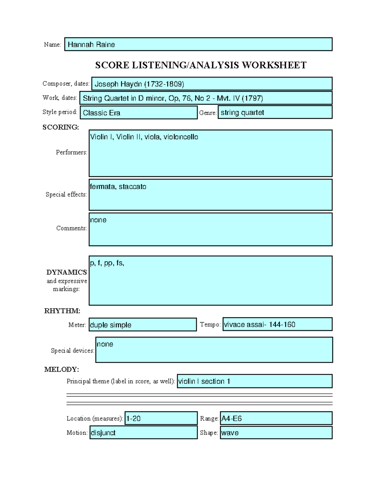 Haydn String Quartet wkst - SCORE LISTENING/ANALYSIS WORKSHEET Genre ...