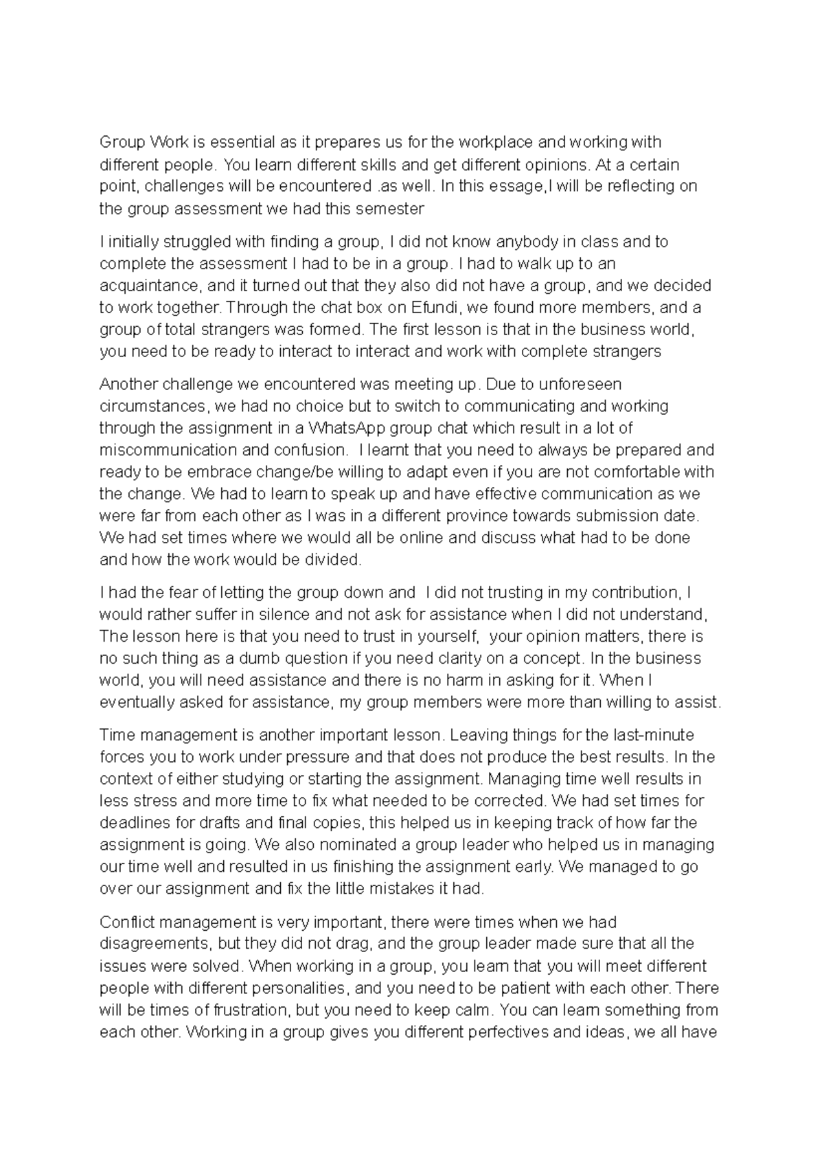 Self reflection essay 2024 - Group Work is essential as it prepares us ...