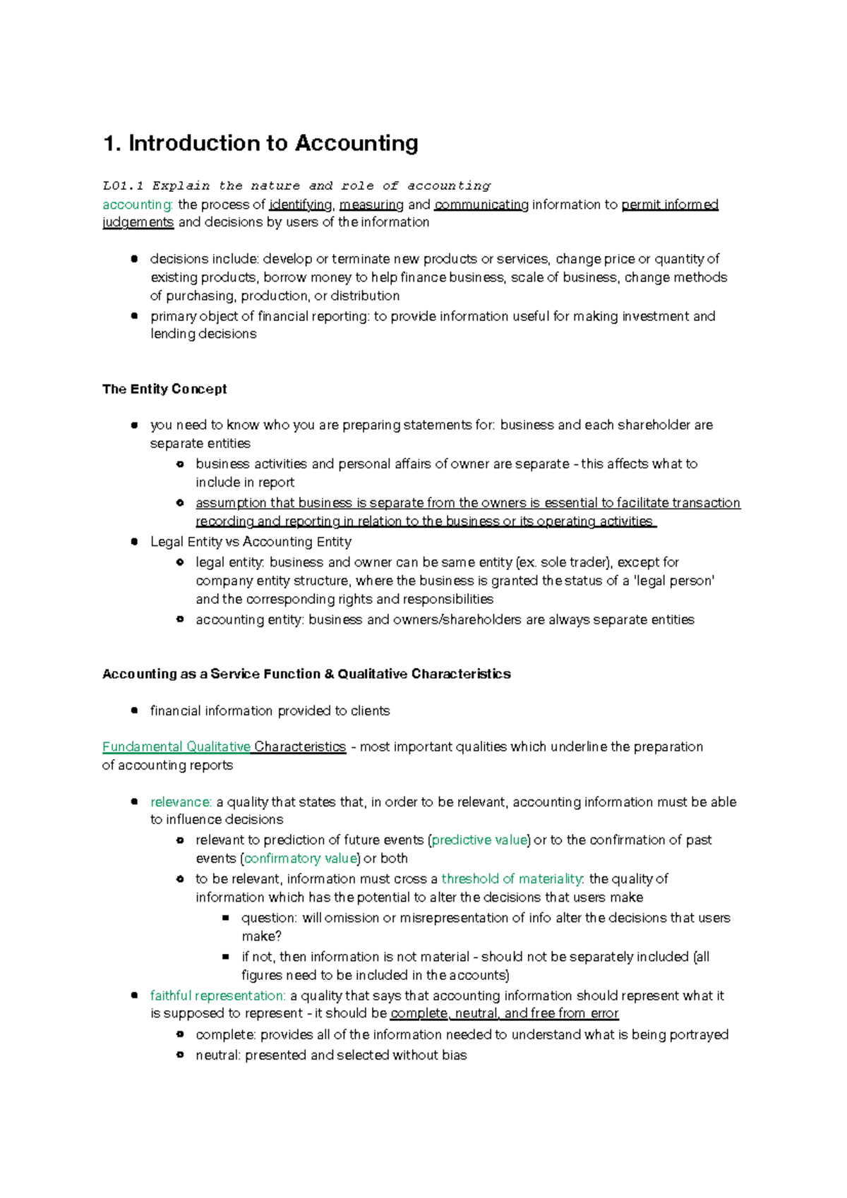 Lecture 1 - Comprehensive notes - 1. Introduction to Accounting LO1 ...