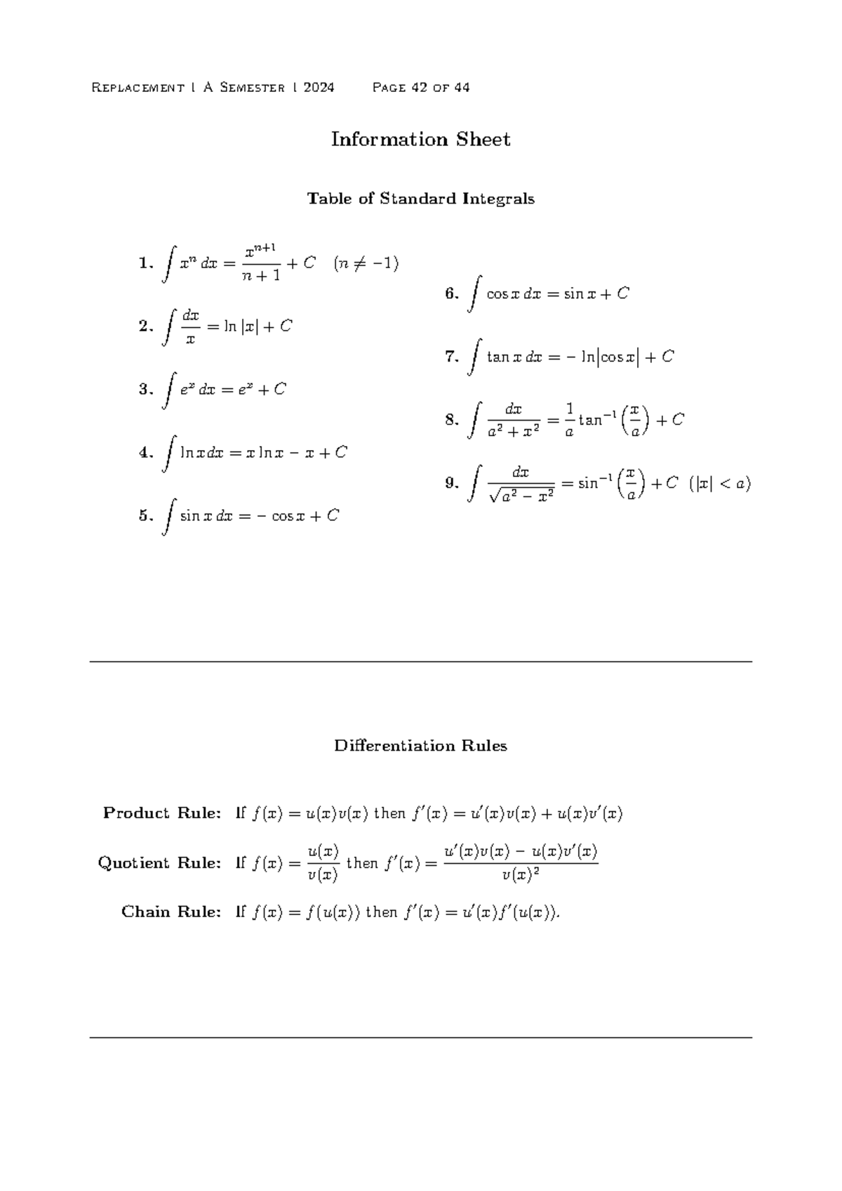 Maths REF Sheet - Replacement 1 A Semester 1 2024 Page 42 of 44 ...