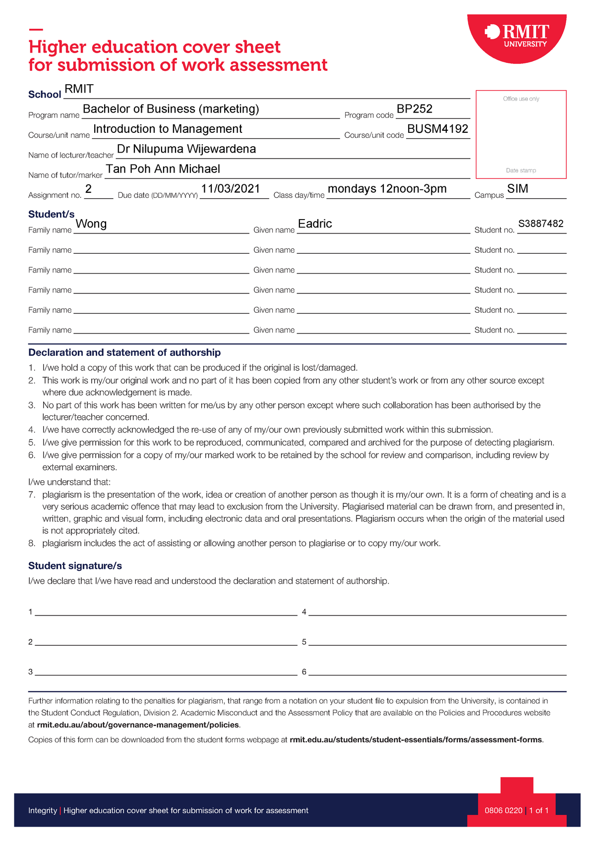 Assignment Cover Sheet - — Higher education cover sheet for submission ...