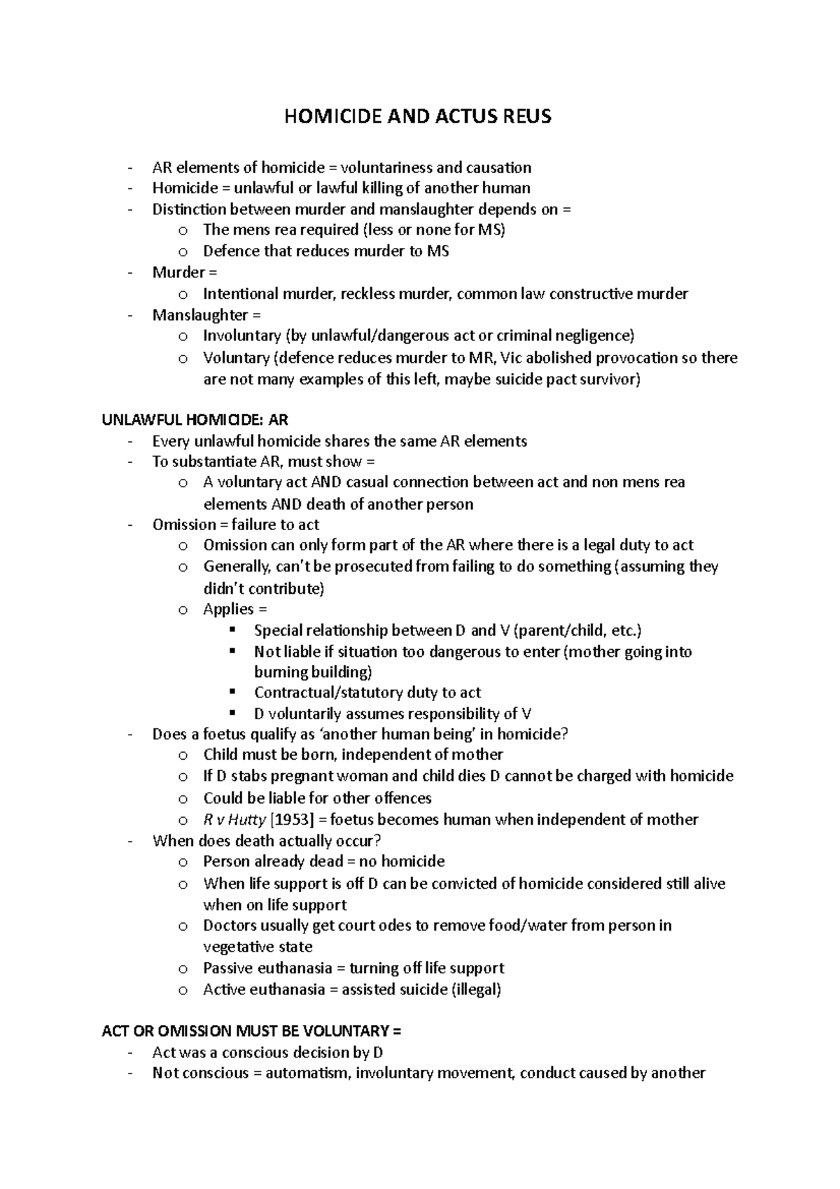 Outline - Criminal EXAM - HOMICIDE AND ACTUS REUS AR elements of ...